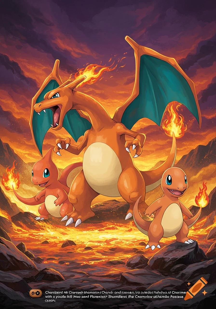 Charizard, Charmeleon, and Charmander stand in a fiery volcanic landscape under a dramatic sky, illustrated in a Pokemon card art style.