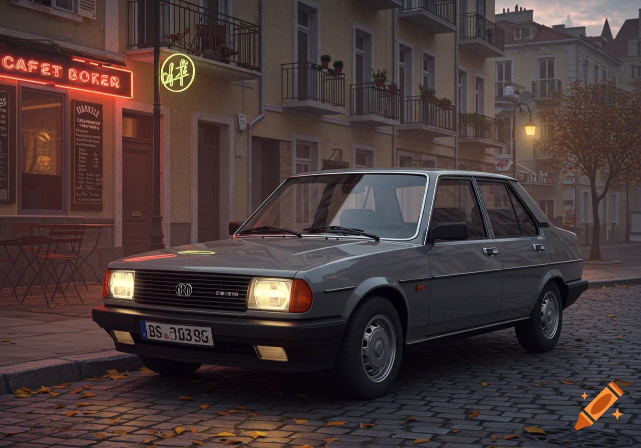 A gray 80s European sedan is parked on a cobblestone street in front of a cafe with a neon sign that reads "CAFET BOKER" at dusk.