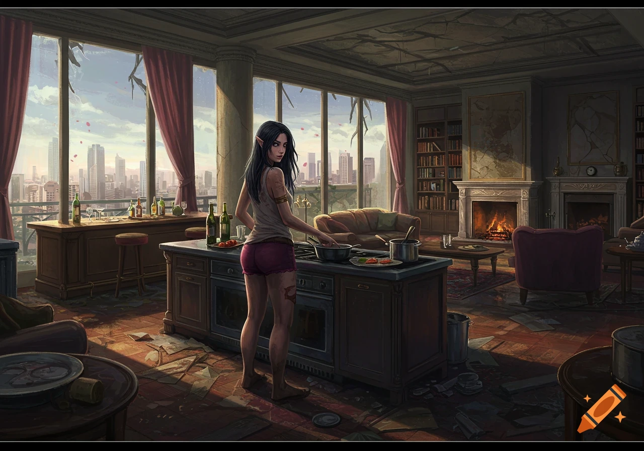 A dark-haired female with pointed ears cooks in a ruined, elegant penthouse with a cityscape view, bar, and library. DnD art style.