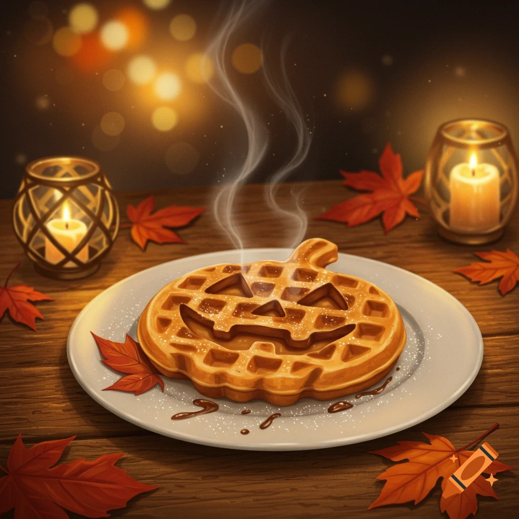 A steaming jack-o'-lantern shaped waffle on a white plate, surrounded by autumn leaves and glowing candles on a wooden table.