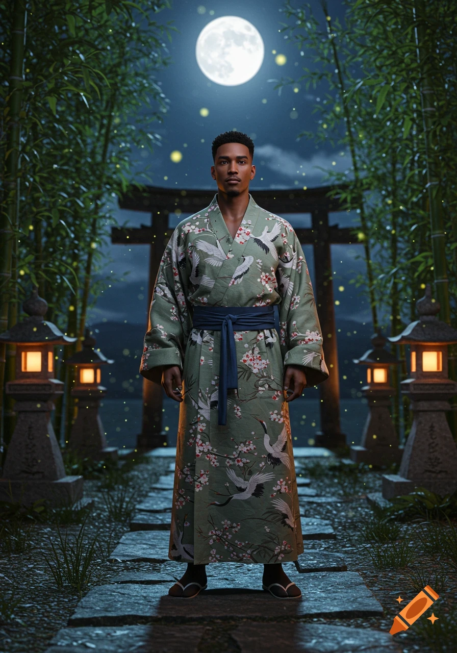 Man in a green kimono with cranes and cherry blossoms stands in a moonlit Japanese garden with bamboo, lanterns, torii gate.