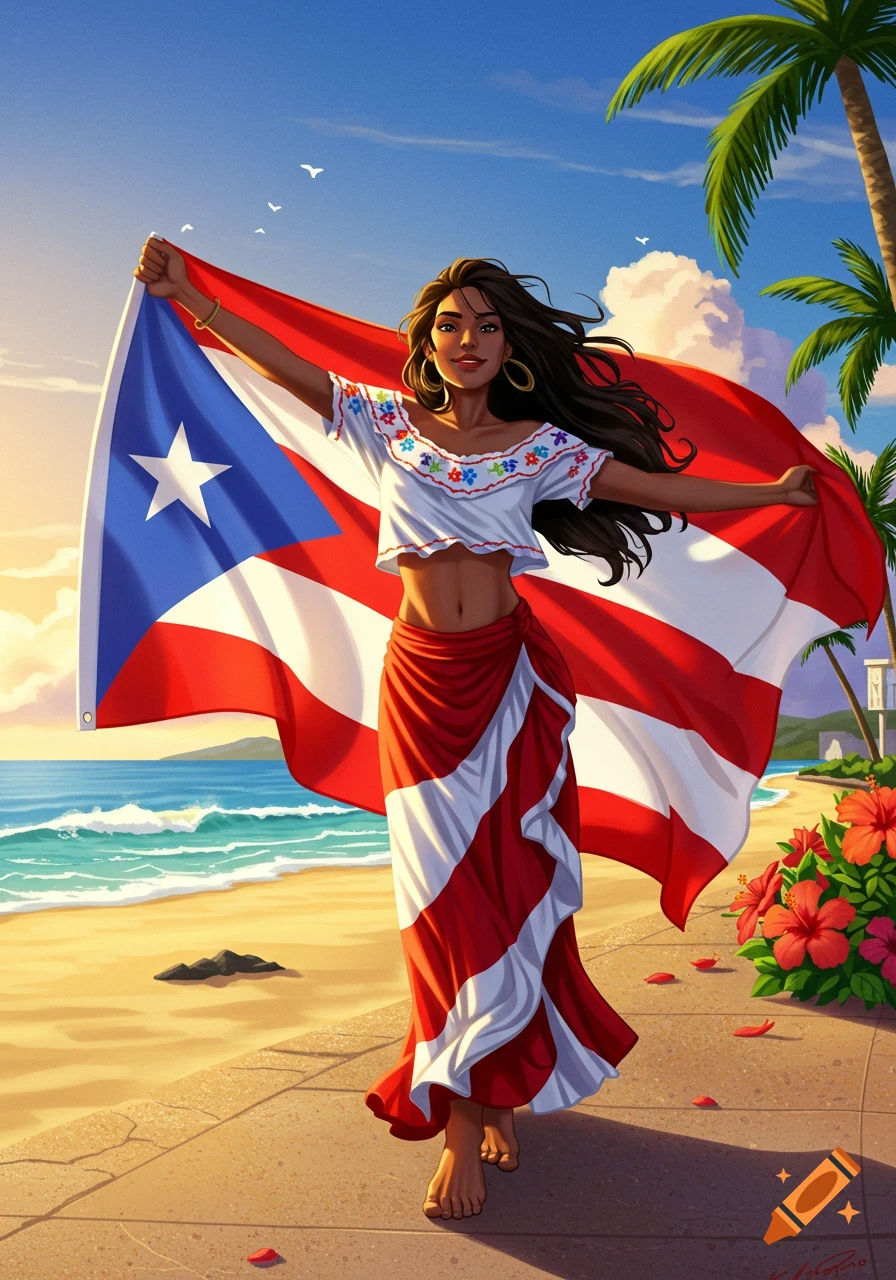 Stylized illustration of a smiling Puerto Rican woman holding a large flag on a sunny beach.