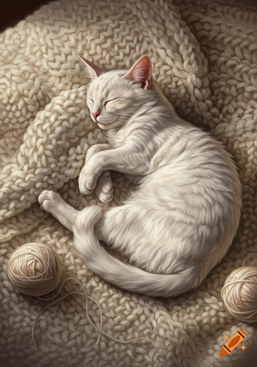 A fluffy white cat sleeps curled up on a cream knitted blanket, with two balls of yarn nearby. Photorealistic style.