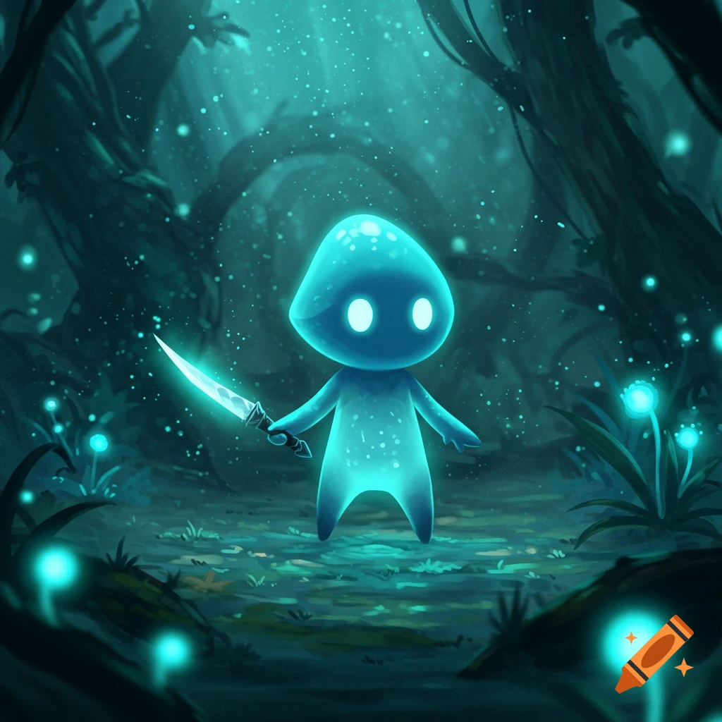 A glowing cyan sprite with a rounded head holds a small blade in a dark, magical forest with bioluminescent plants.