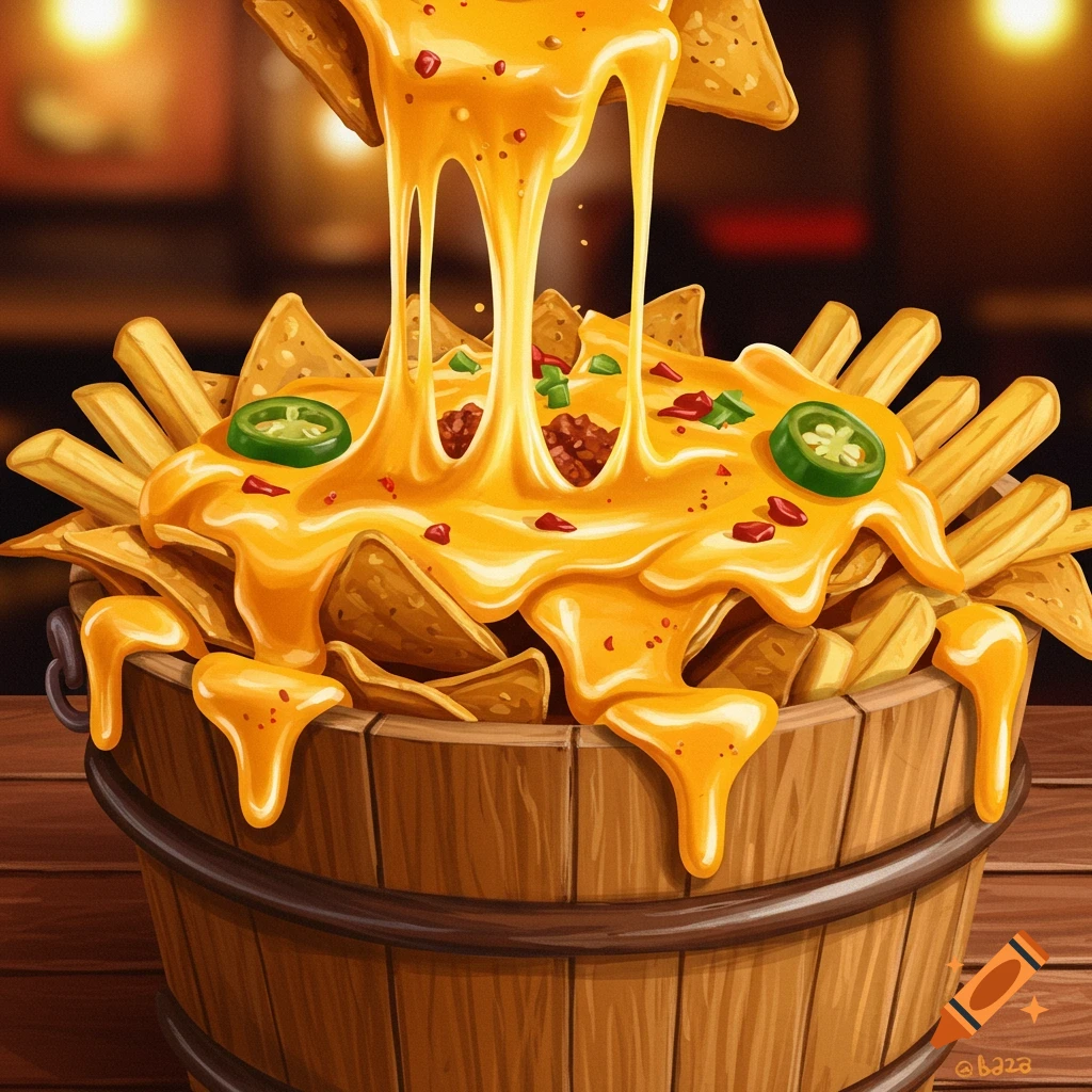 A wooden bucket filled with nachos and fries, generously covered in melted cheese, jalapeños, and chili flakes.