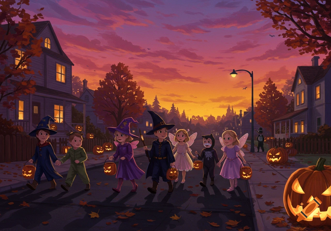 Children in Halloween costumes trick-or-treating down a suburban street at sunset, with glowing jack-o'-lanterns.