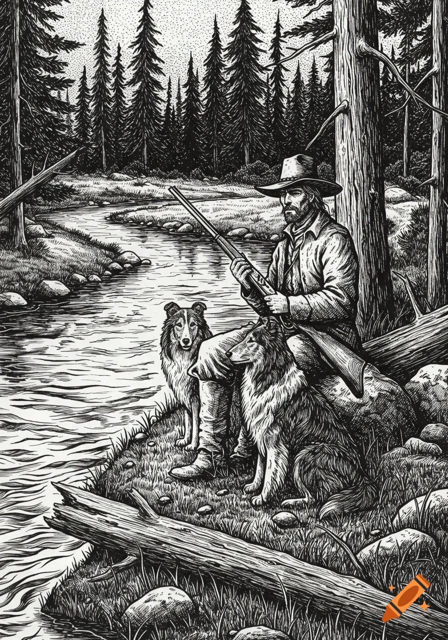 Black and white sketch of a frontiersman with two collies by a river in a dense forest, holding a rifle.