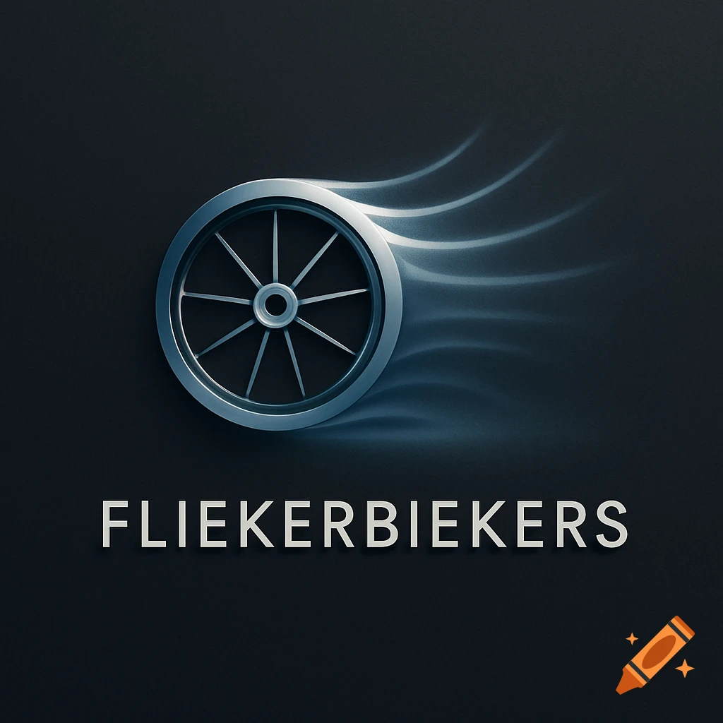 A minimalist logo featuring a silver spoked wheel with motion blur, above the word "FLIEKERBIEKERS" on a dark background.