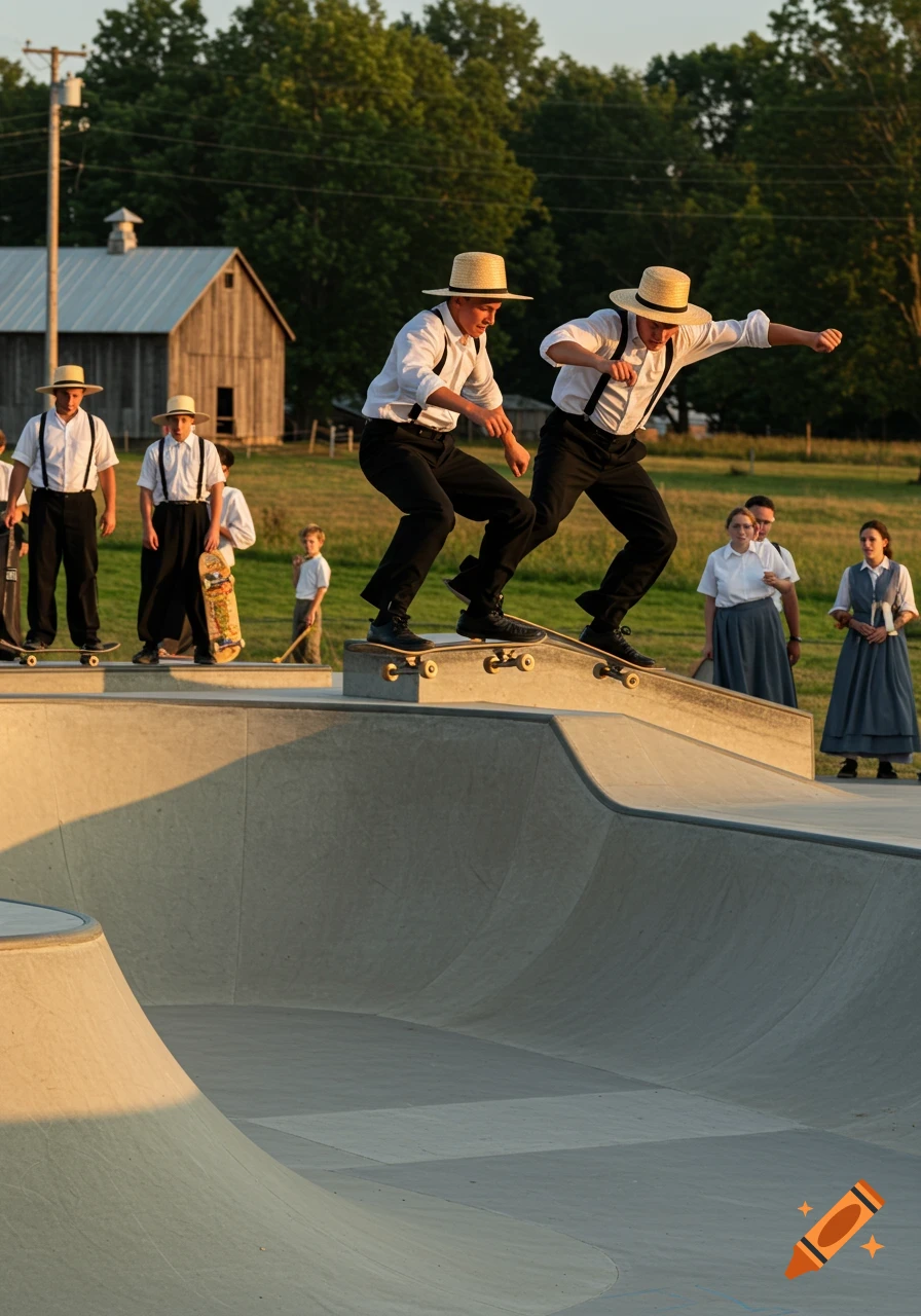 Amish men in traditional attire and straw hats skateboard in an outdoor skate park, with a barn and trees behind them.