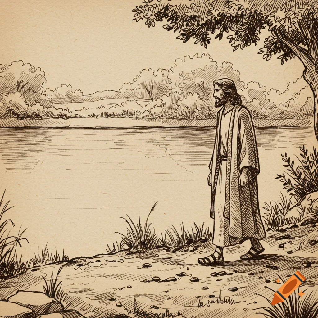 Pen-and-ink sketch of a robed man with a beard walking along a path beside a lake, under a tree, in sepia tones.