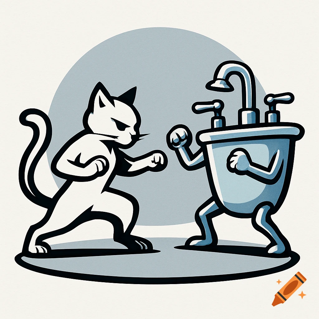 A cartoon logo illustration of a white cat and a humanized blue bathtub in a martial arts fighting stance.