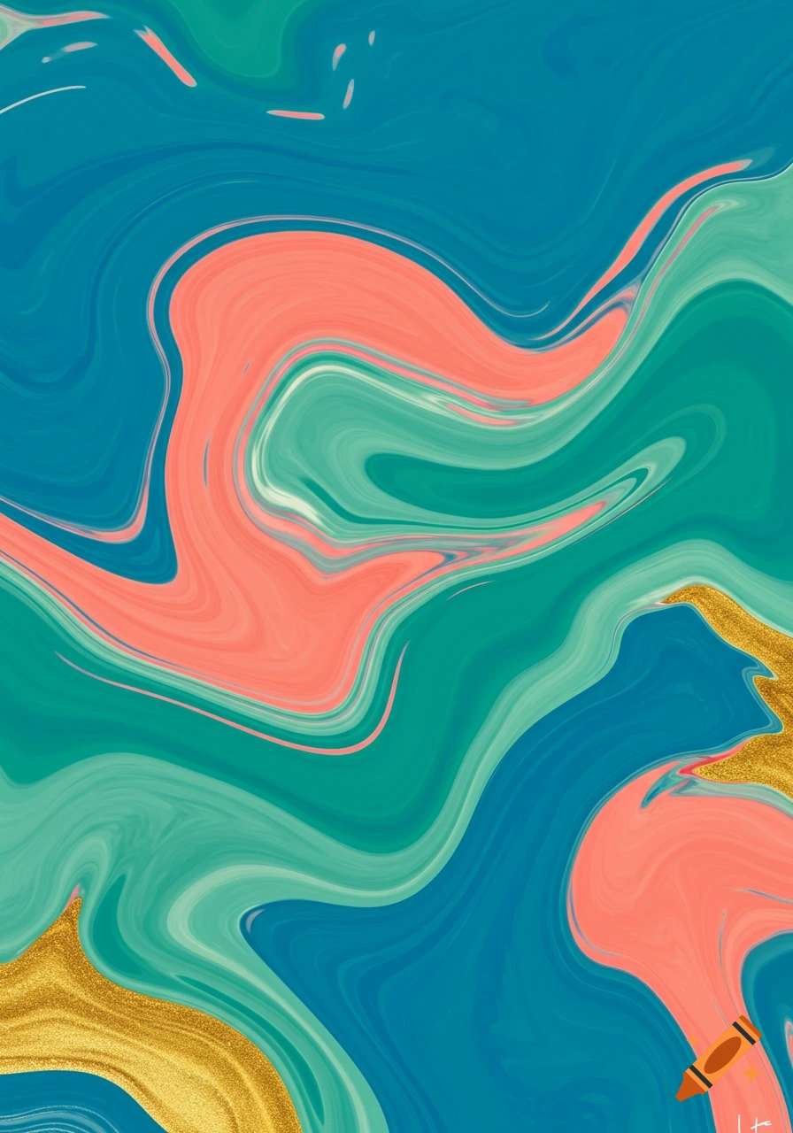 A flowing abstract marble pattern featuring swirling shades of teal, blue, coral, and sparkling gold.