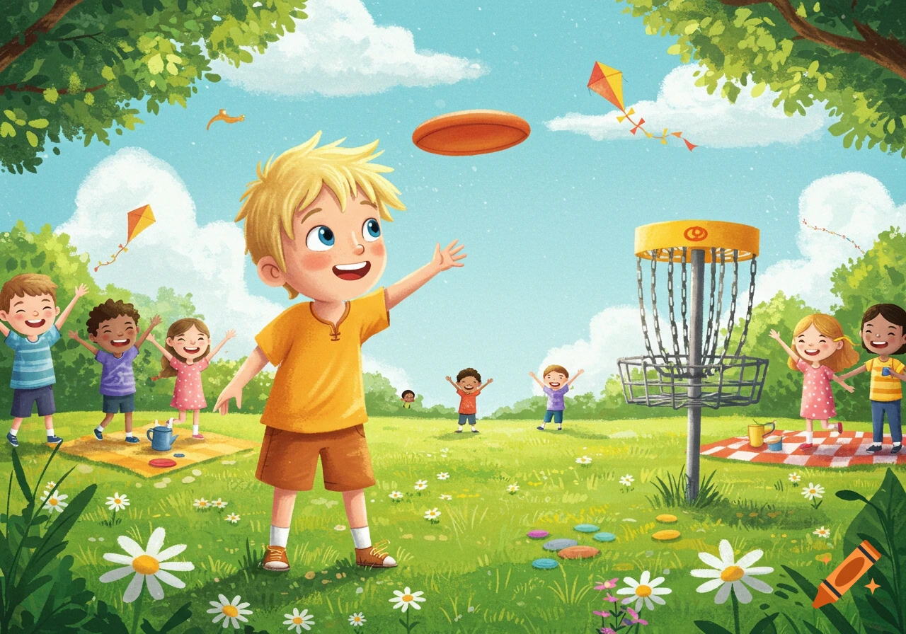 Children's book illustration of kids playing disc golf in a sunny park, with a boy throwing a disc towards a basket.