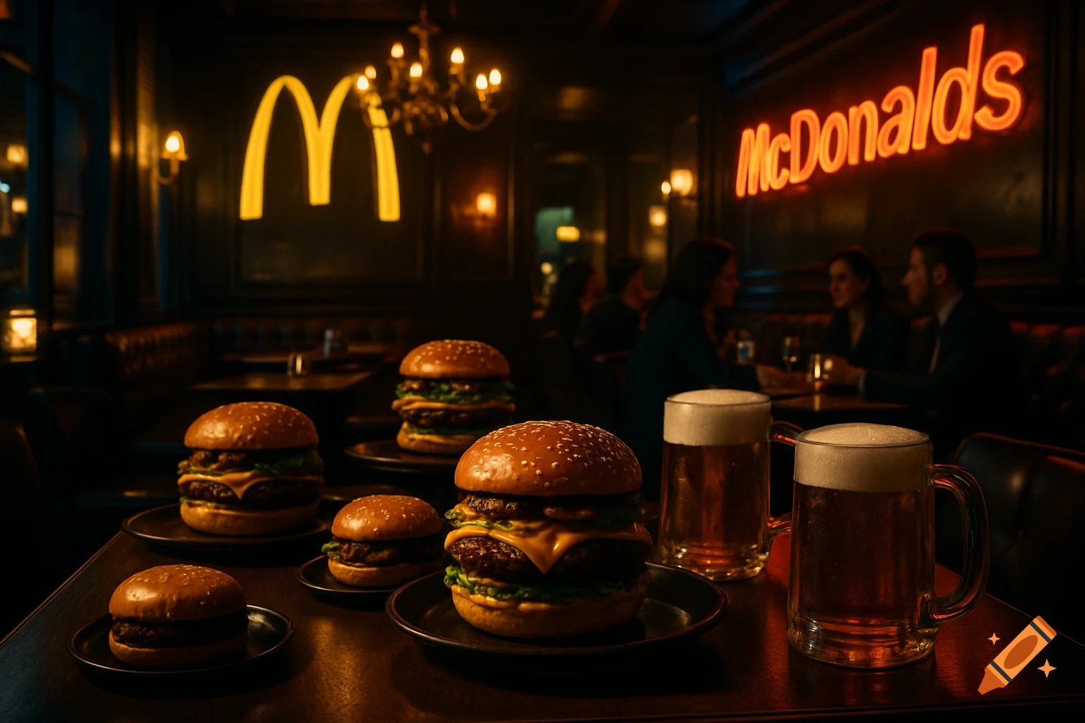 Cinematic shot of gourmet McDonald's burgers and beer mugs on a table in a dimly lit restaurant with neon McDonald's signs.