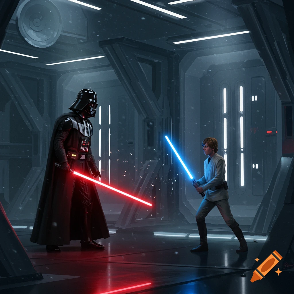 Darth Vader and Luke Skywalker duel with red and blue lightsabers in a futuristic, snowy corridor.