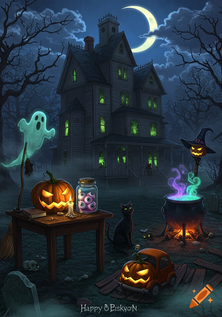A cartoon haunted house on a spooky Halloween night with a ghost, pumpkins, a black cat, a cauldron, and a crescent moon.