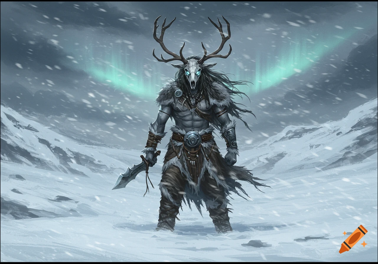 A fierce wendigo-like barbarian with an antlered skull mask, long hair, fur armor, and a sword stands in a snowy, icy landscape with a glowing aurora in the sky.