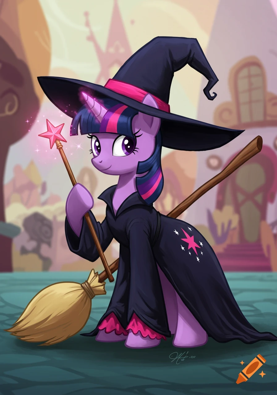 Purple unicorn pony Twilight Sparkle dressed as a witch, holding a glowing star wand and a broom in a cartoon style.