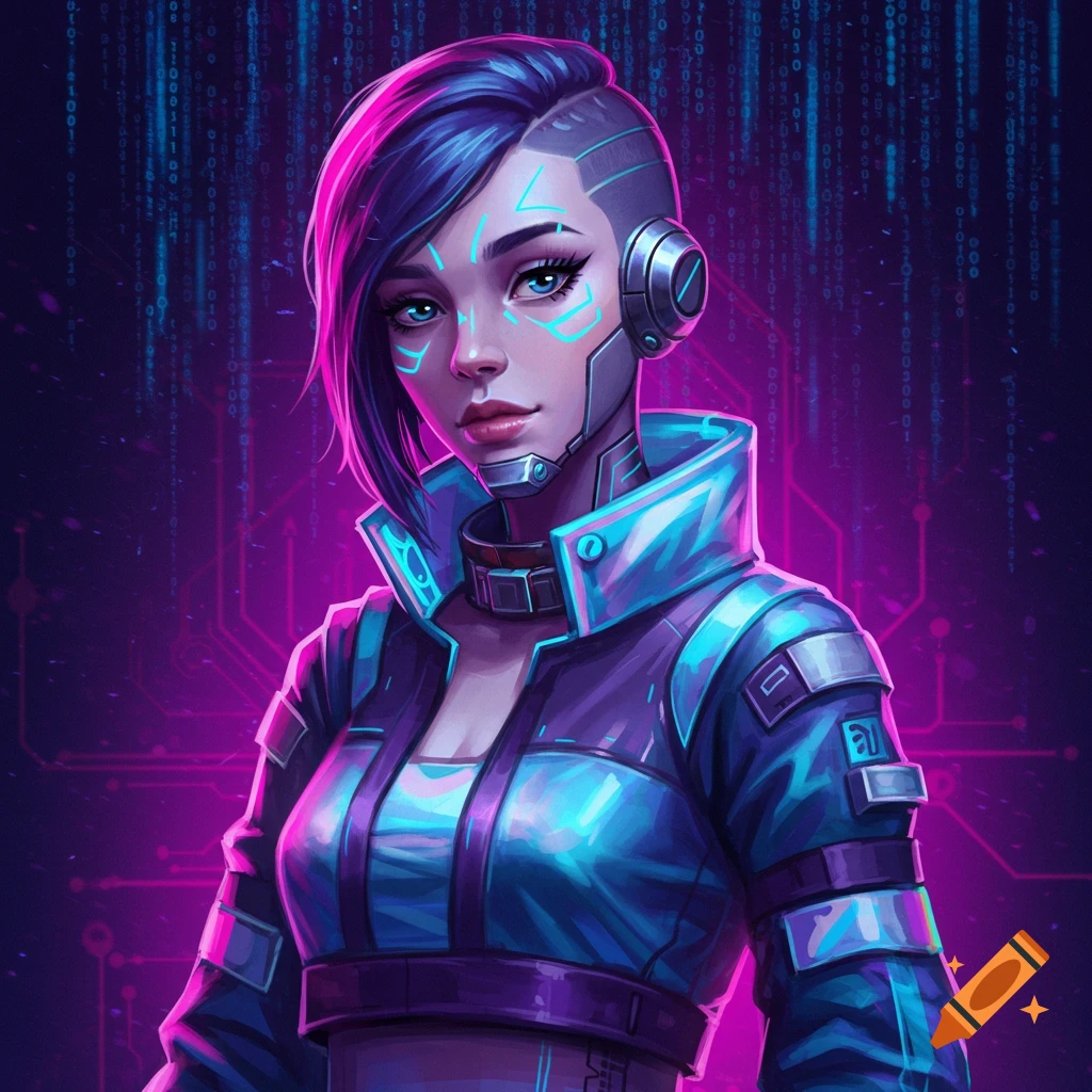A futuristic girl with blue and purple hair, cybernetic facial markings, and a blue glowing jacket against a binary code background.