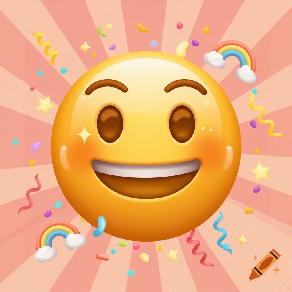 A smiling yellow emoji with rosy cheeks and sparkling eyes, surrounded by colorful confetti, stars, and rainbows on a pink background.