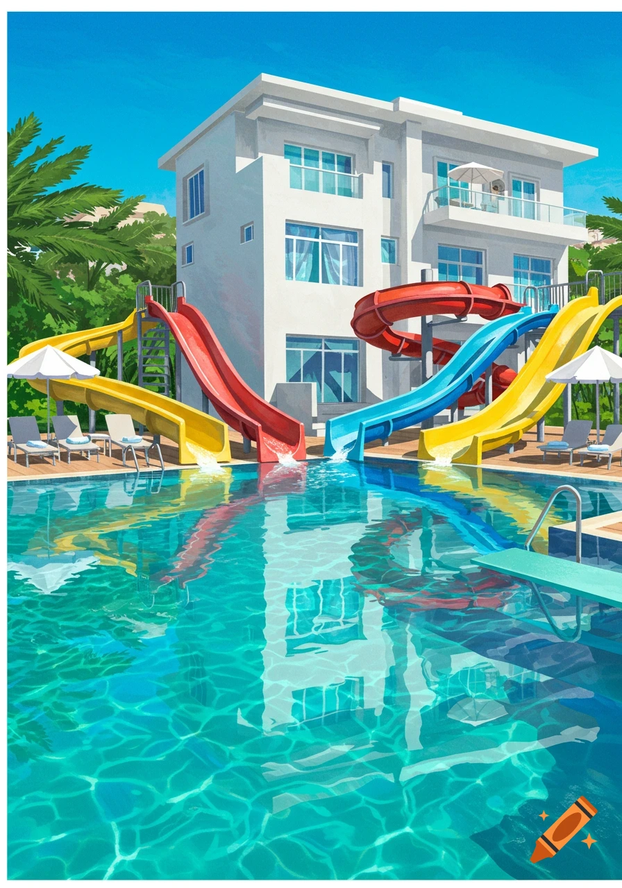 A bright illustration of a white modern villa with red, blue, and yellow water slides leading into a clear blue swimming pool.