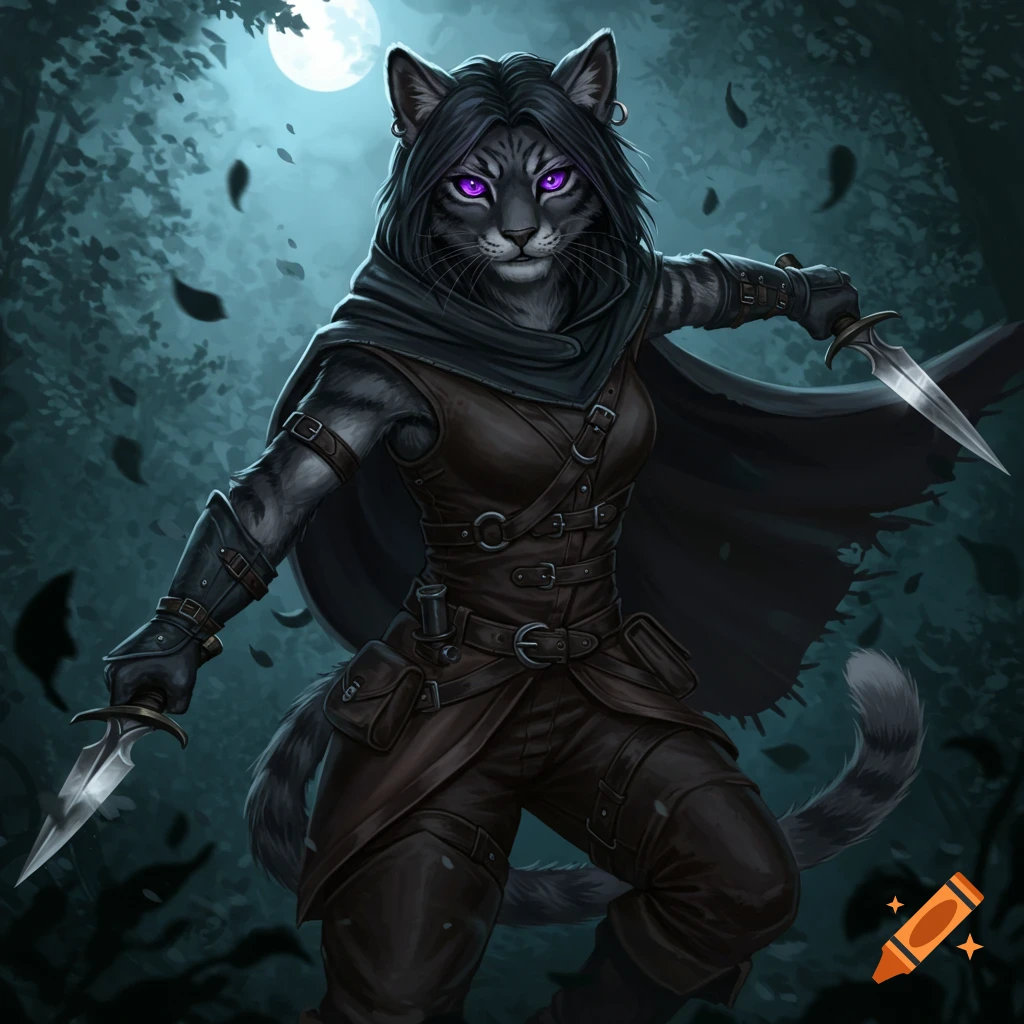 A fierce female tabaxi rogue with black fur and purple eyes dual-wielding daggers in a dark forest under a full moon, digital art.