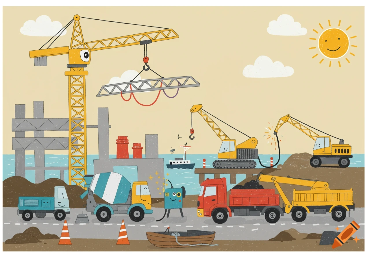 A cheerful cartoon illustration of a bustling construction site by the water, with various friendly-faced vehicles like cranes, trucks, and a cement mixer.