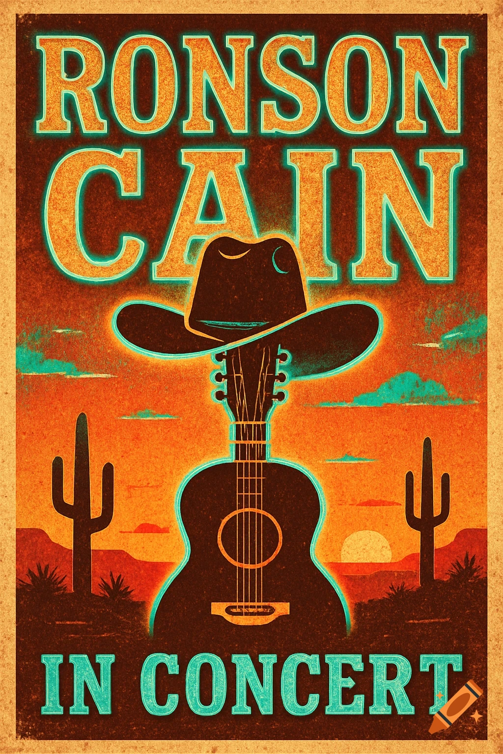 Retro concert poster for Ronson Cain featuring a cowboy hat on a guitar, desert sunset, and cacti with vintage distressed textures.