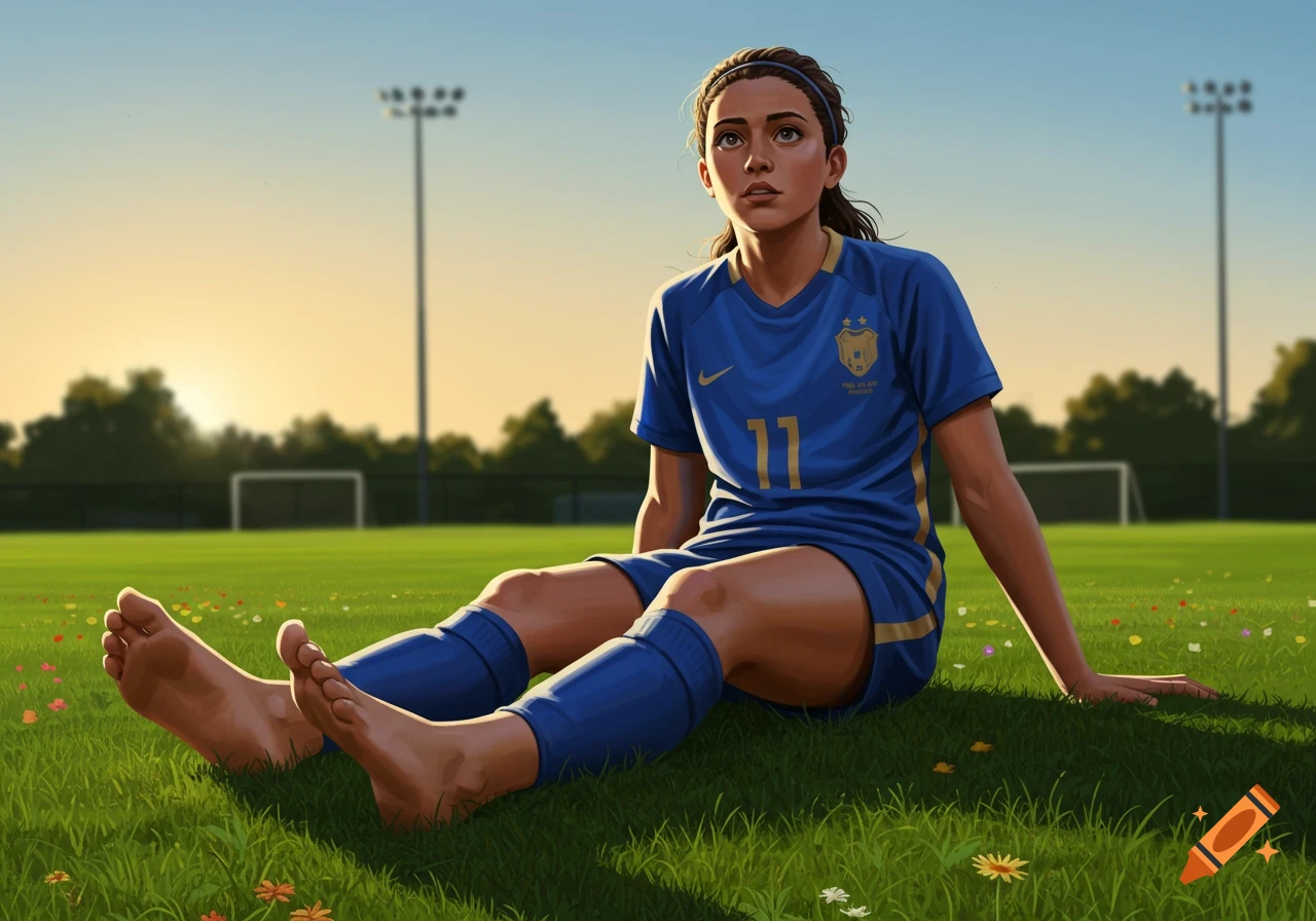 A female soccer player in a blue jersey with '11' sits barefoot on a grassy field with small flowers, looking up.