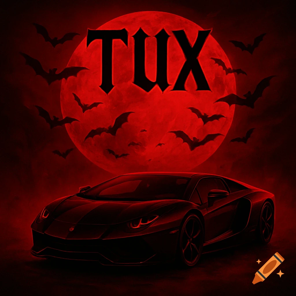 A dark, spooky red image features a black Lamborghini Aventador, a large red full moon, and numerous bats flying. The text "TUX" is written across the moon in a gothic font.