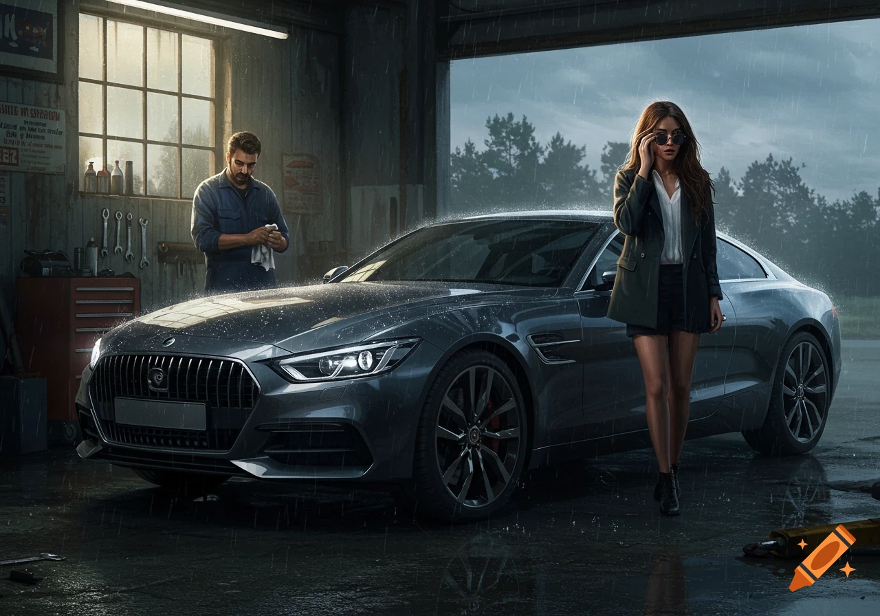 A man and a woman stand by a gray car in a rainy garage. The man, a mechanic, holds a cloth. The woman, stylish, adjusts her sunglasses.