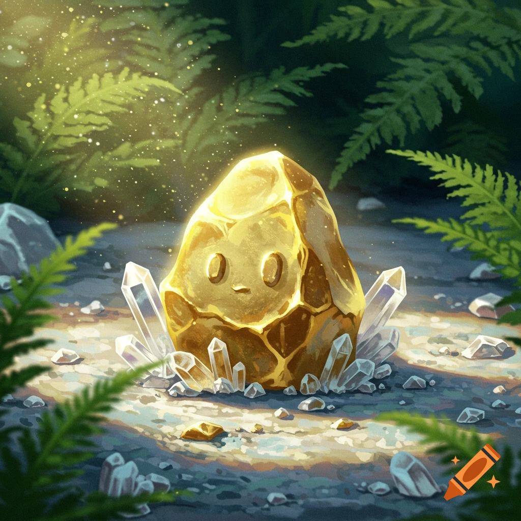 A cute, golden, rock-like creature with a small face glows among clear crystals and green ferns in a soft forest light.