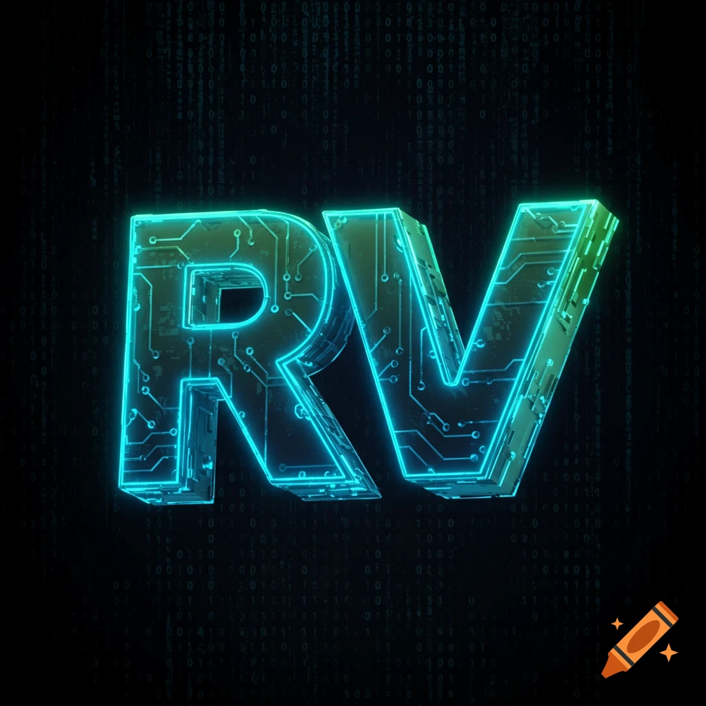 3D stylized neon green and blue 'RV' letters with circuit board patterns against a dark binary code background.