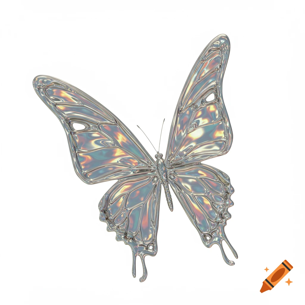 A shimmering liquid chrome butterfly with iridescent wings on a white background.