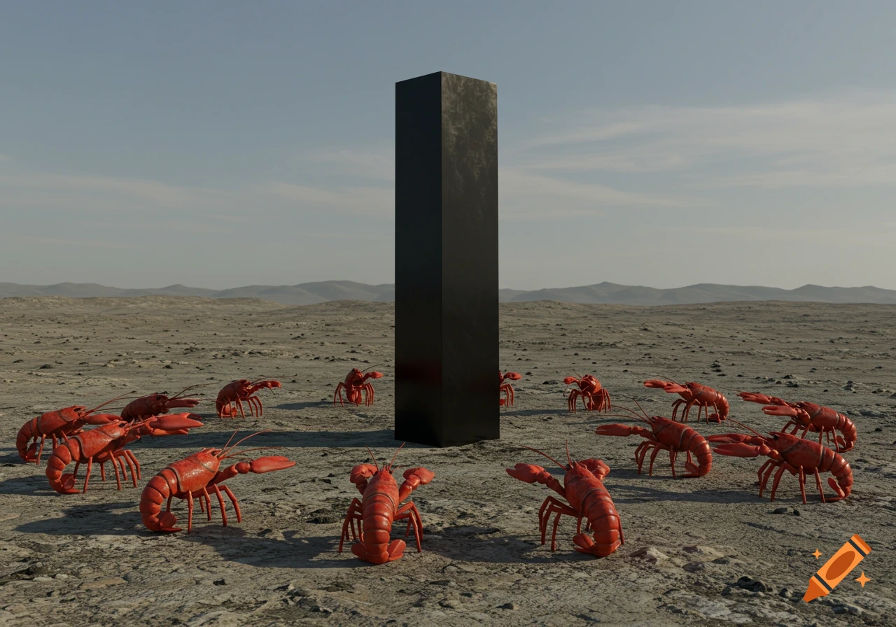 A tall black monolith stands in a barren, dusty landscape, surrounded by numerous red lobsters.