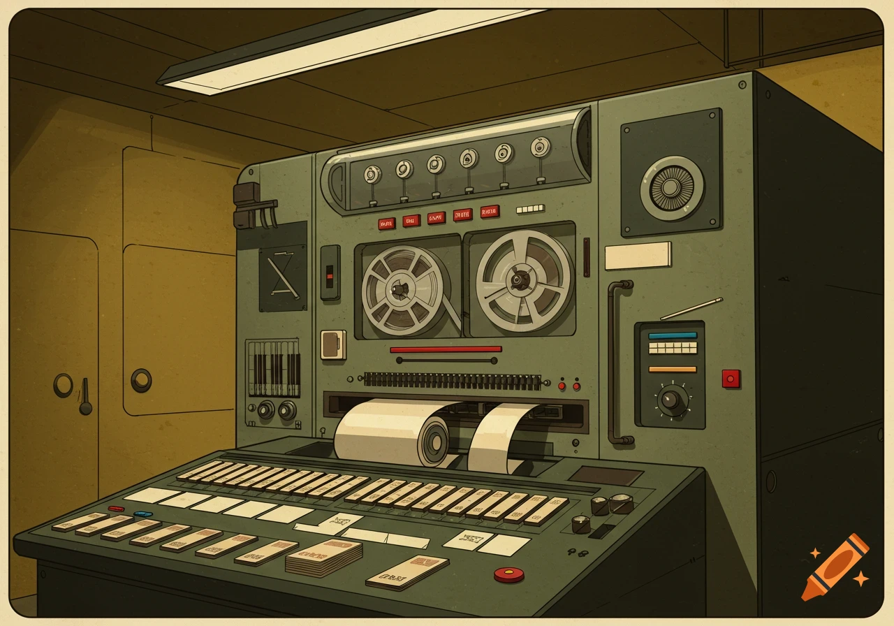 A retro-style illustration of a large, olive-green vintage computer or data machine with tape reels, a keyboard, and paper output.