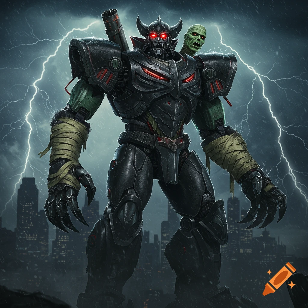 A monstrous black robot with horns, glowing red eyes, fangs, and wrapped limbs, stands under a stormy, lightning-filled sky above a city.