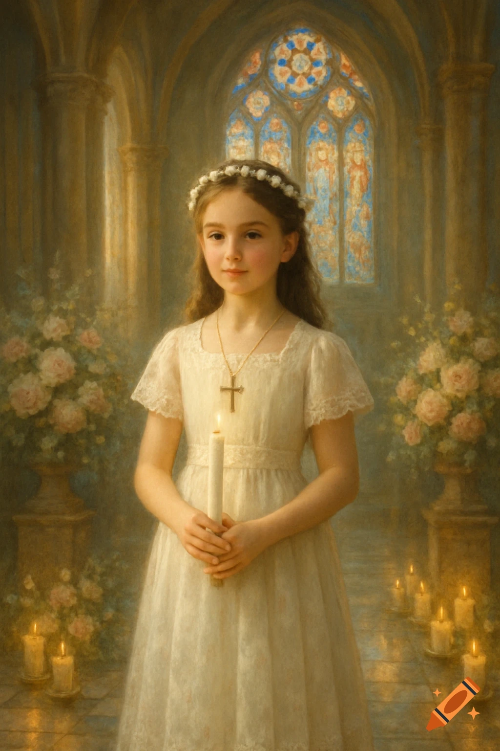 A young girl in a white dress and flower crown holds a lit candle, wearing a cross necklace, standing in a painterly church with stained glass.