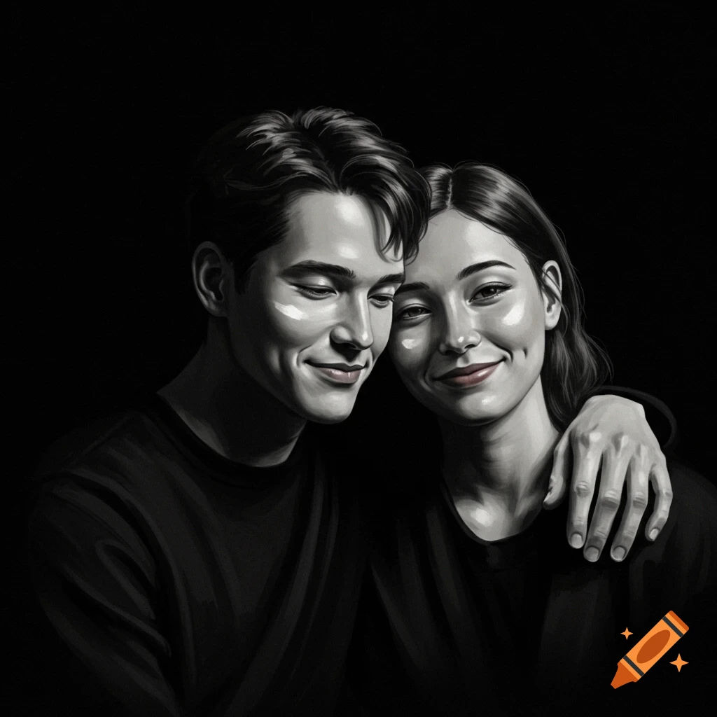 Black and white portrait of a smiling couple embracing, with the woman's arm around the man.