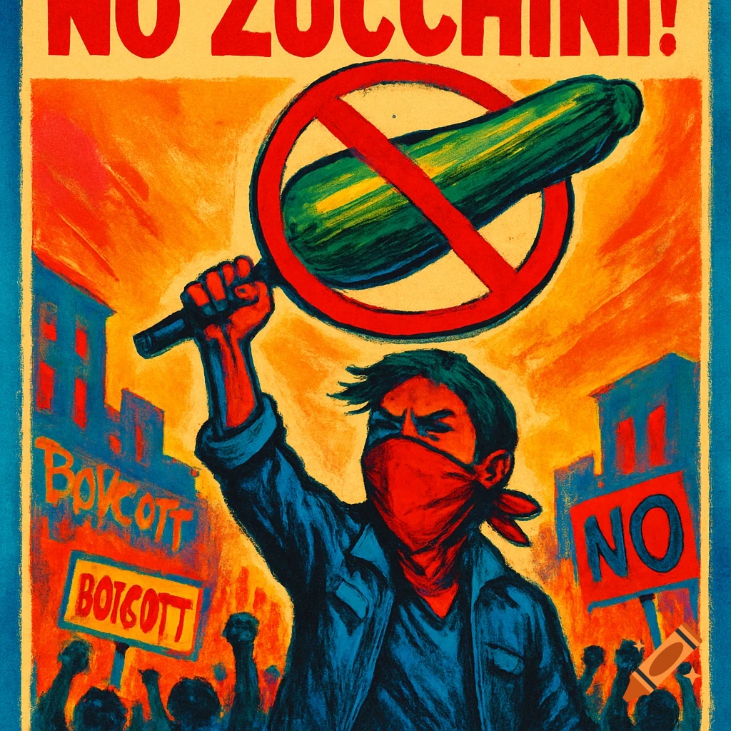A stylized protest poster depicts a person in a red bandana holding up a sign with a crossed-out zucchini, surrounded by other protestors and signs.