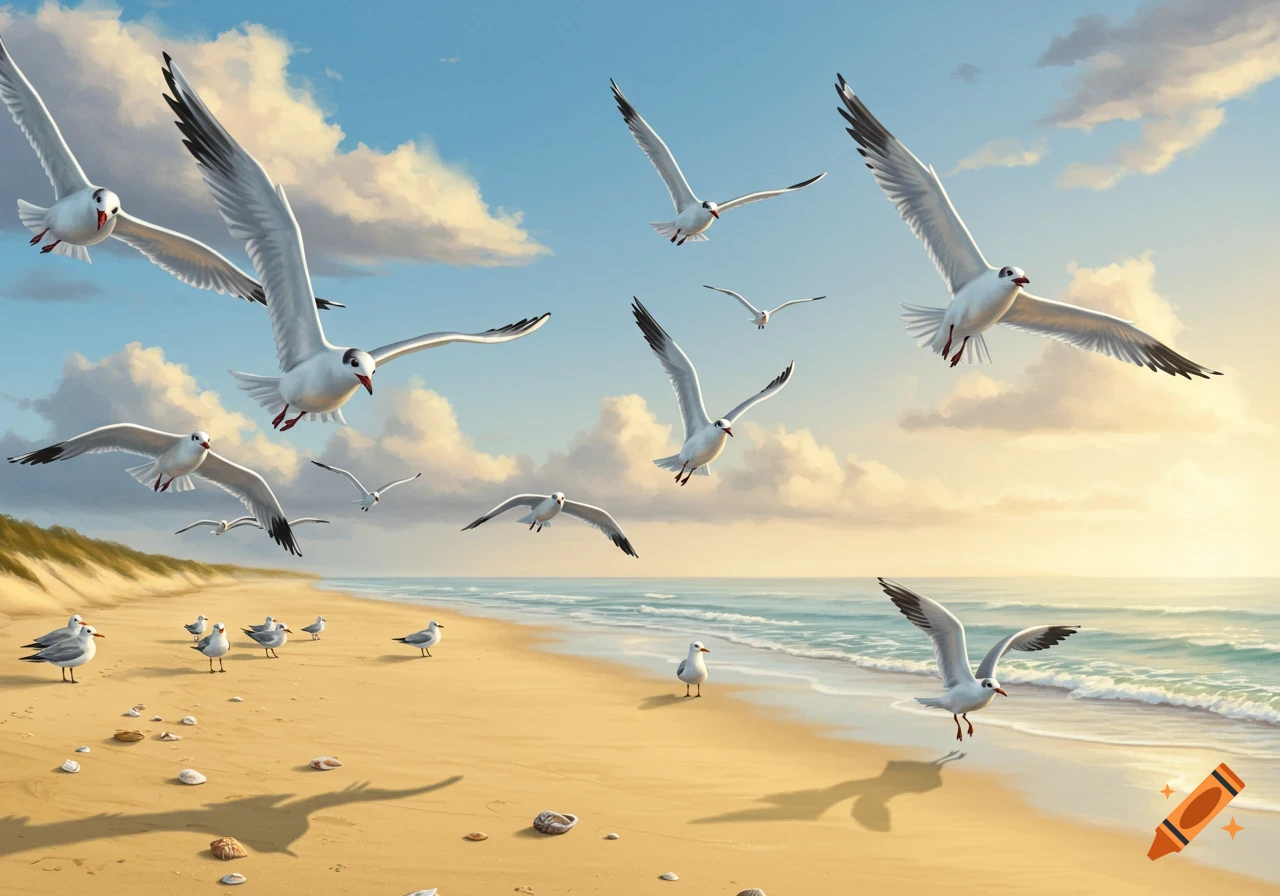 Many seagulls fly and stand on a bright, sandy beach beside the ocean, under a cloudy sky.