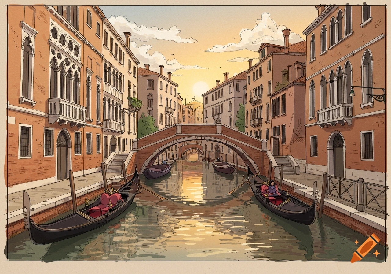 Illustrated view of a Venice canal at sunset, with gondolas floating between historic buildings and a bridge.