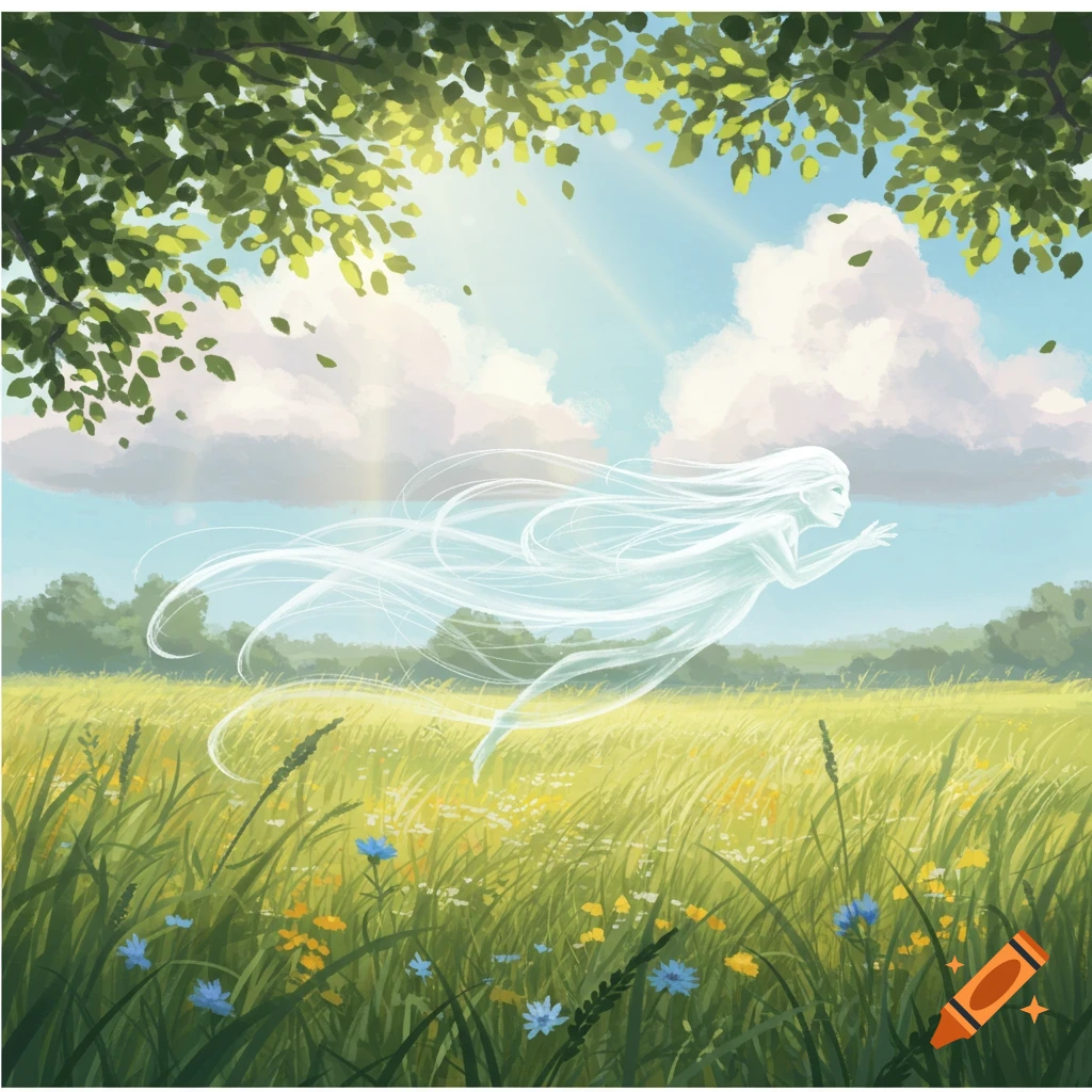 An ethereal, glowing figure with long flowing hair floats over a sunny meadow with wildflowers under a blue sky and green tree canopy, illustration.