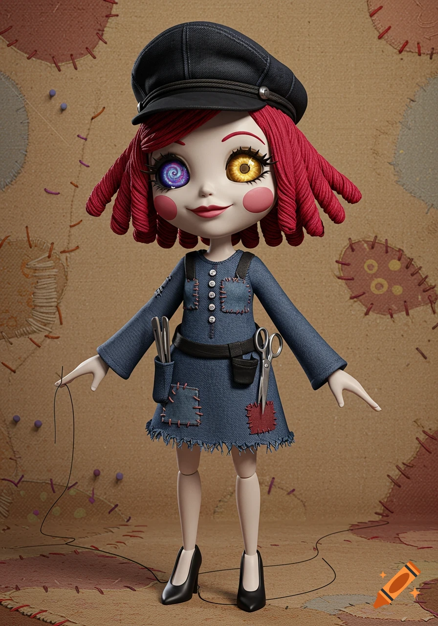 A stylized puppet girl with mismatched eyes, red yarn hair, denim dress, and black hat, standing against a stitched fabric background.