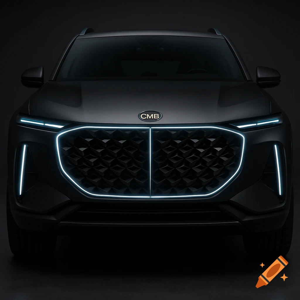 Front view of a matte black futuristic luxury SUV concept car with a glowing blue-white LED grille and a 'CMB' logo.