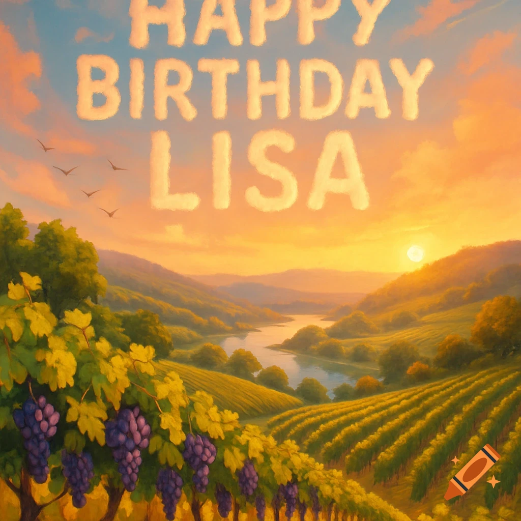 Text 'Happy Birthday Lisa' formed by clouds in a painterly sunset over a river winding through vineyards.