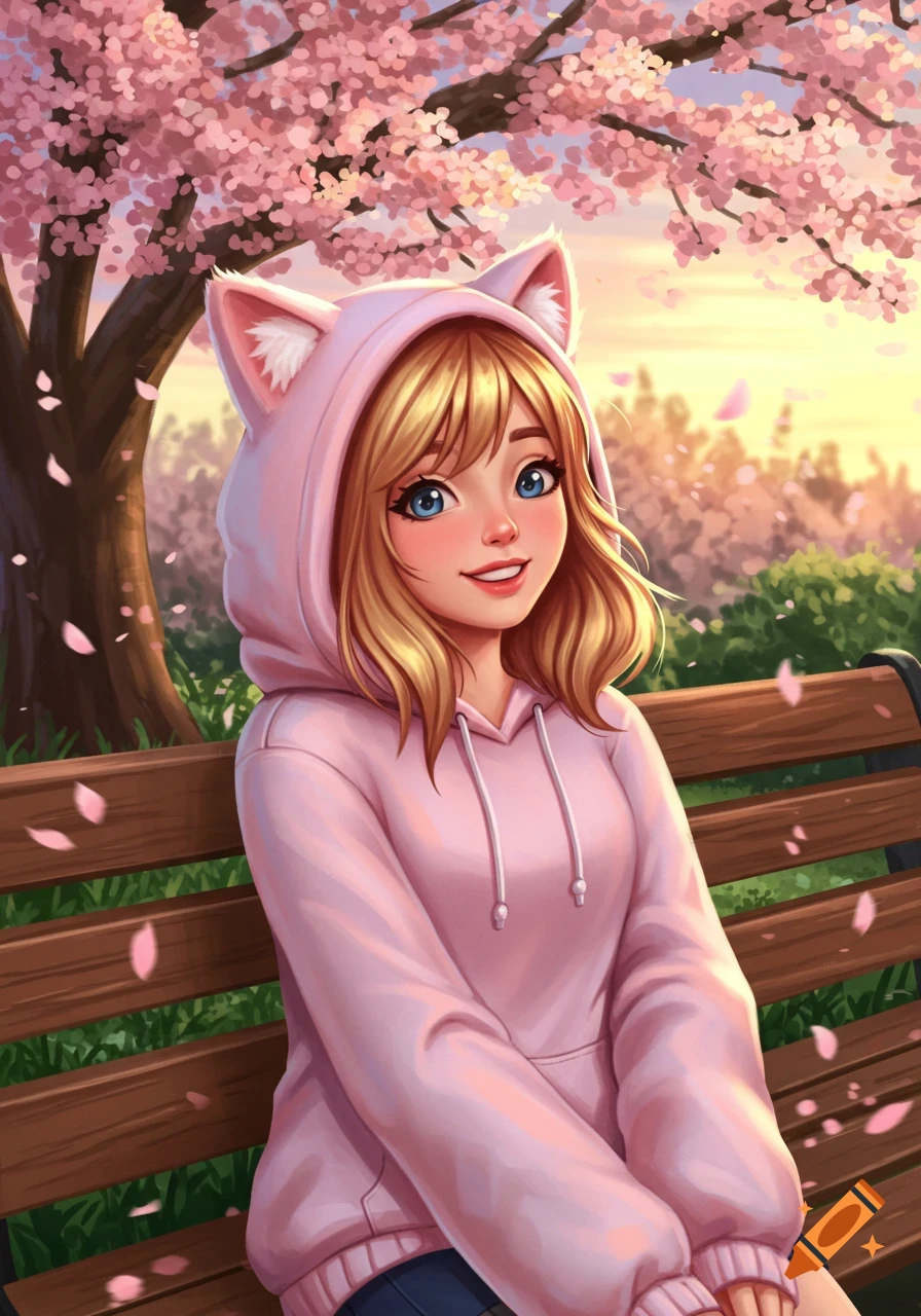 A smiling anime girl in a pink cat-ear hoodie sits on a park bench under a cherry blossom tree with falling petals.