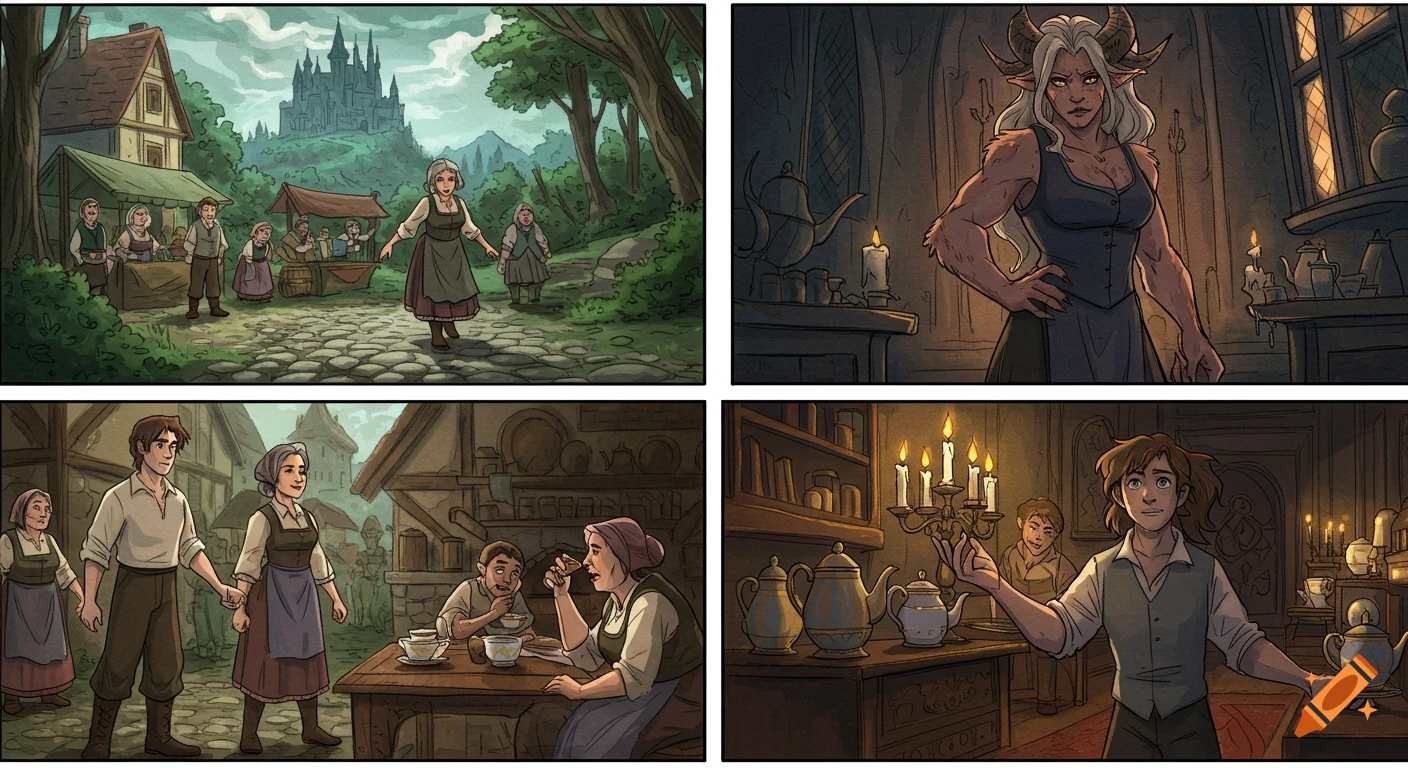 Four-panel comic art showing a fantasy story: villagers, a gothic castle, and a beast-like woman with horns.