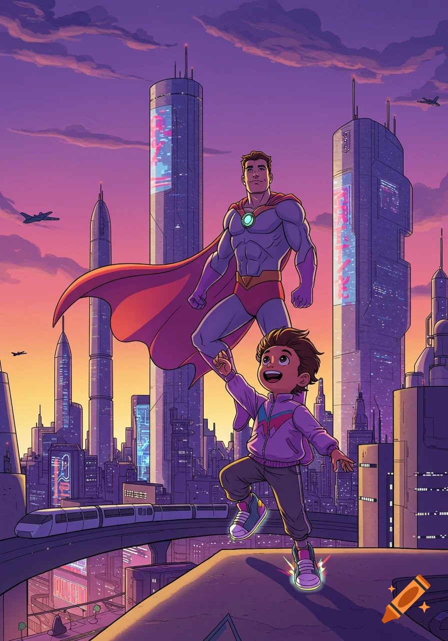 A superhero in a red cape flies above a futuristic city at sunset, holding hands with an excited young boy.