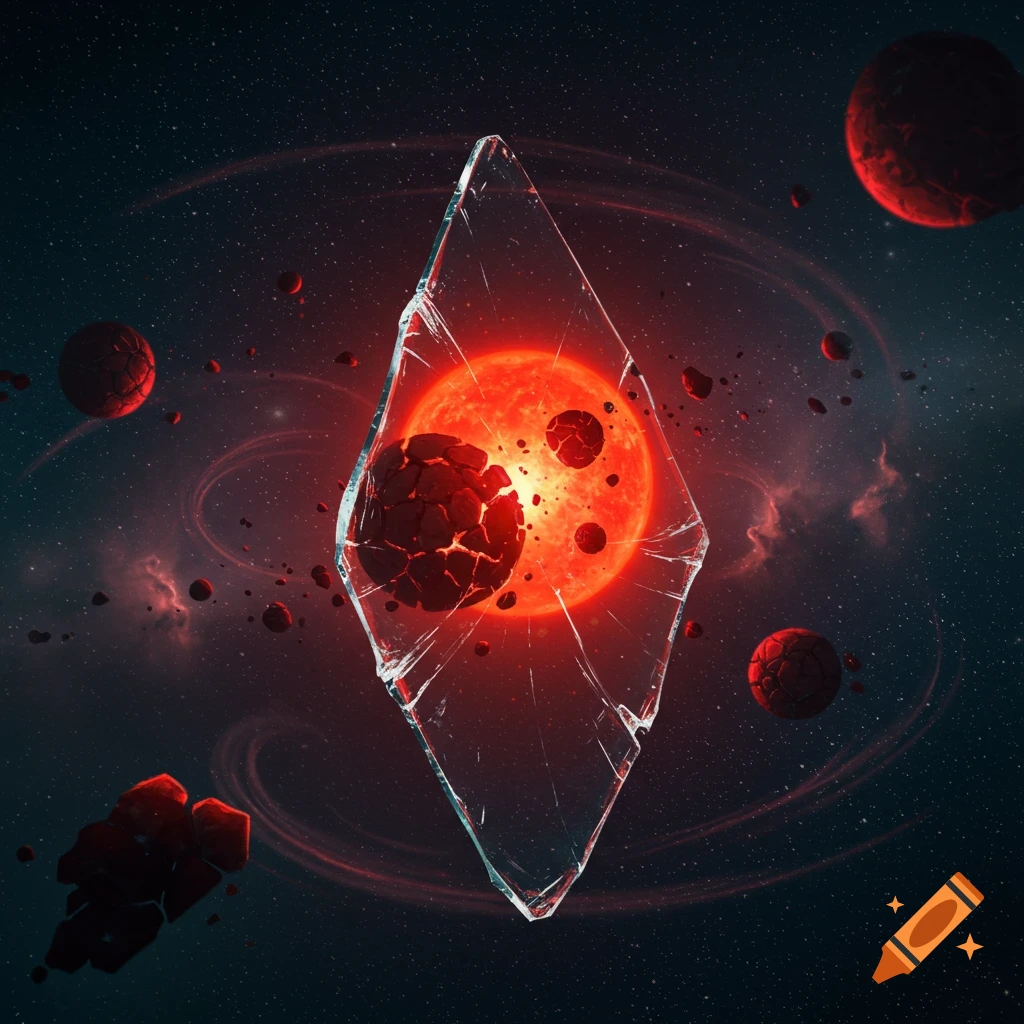 A bright red star and fragmented red planets are seen through a broken shard of glass in deep space.